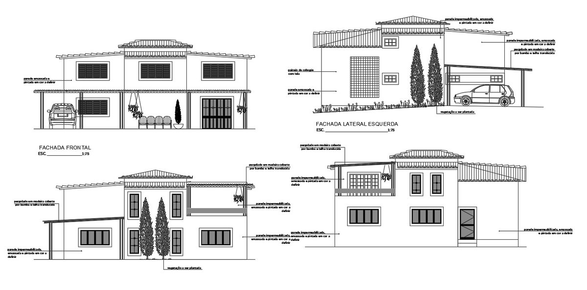 Residence G+1 Bungalow Elevation Design Layout Architecture CAD Drawing ...