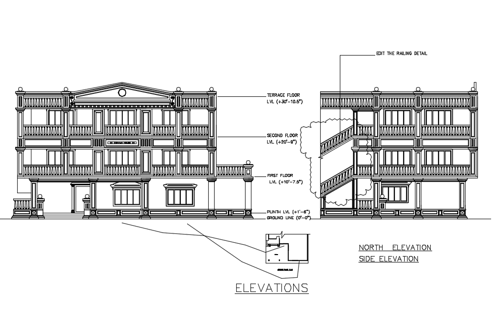 Residence area design of different types of elevation dwg file