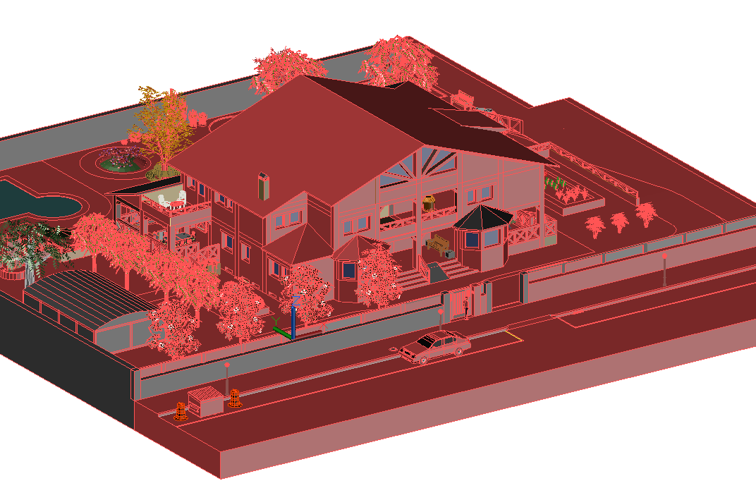 Residence with swimming pool 3 D plan detail dwg file