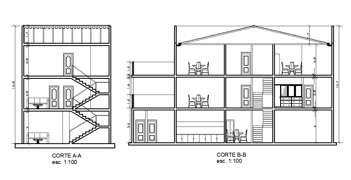 Residence House Building Front And Side Section CAD Drawing DWG File