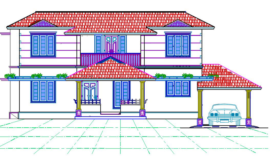Residence House Front Elevation Design AutoCAD Drawing DWG File