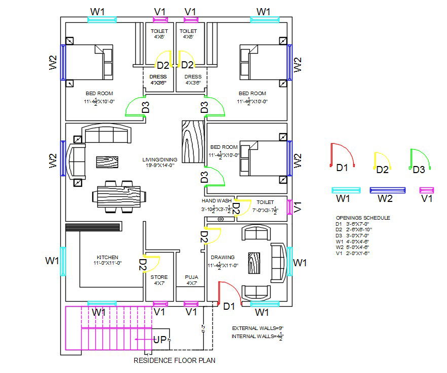 Residencial Floor Plan With Door And Window Marking DWG File