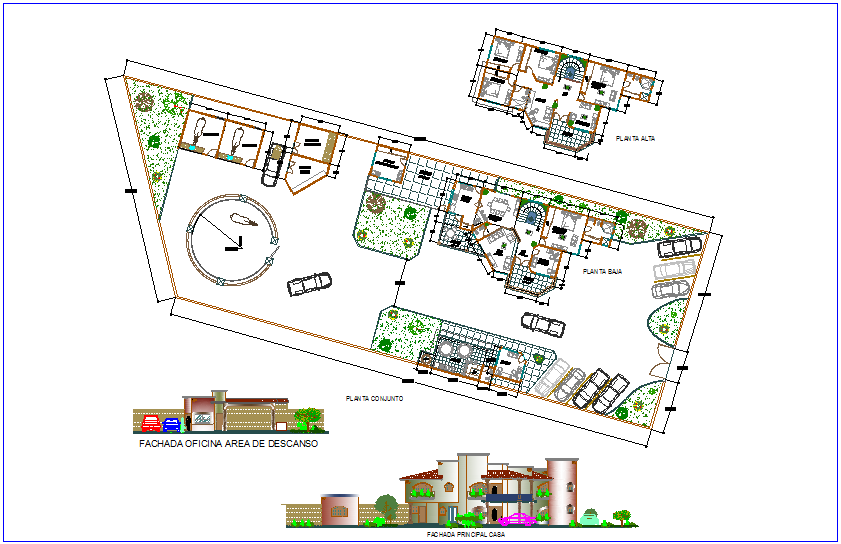 Resident view of cottage with landscape view,plan and elevation view dwg file