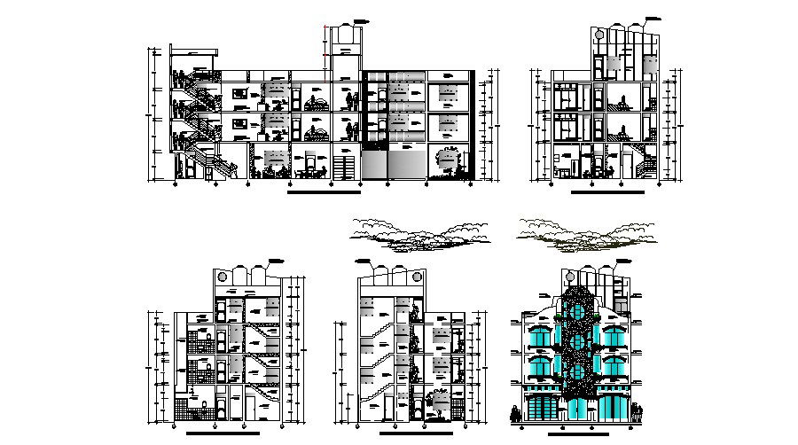 Residential Apartment with elevation and section in dwg file