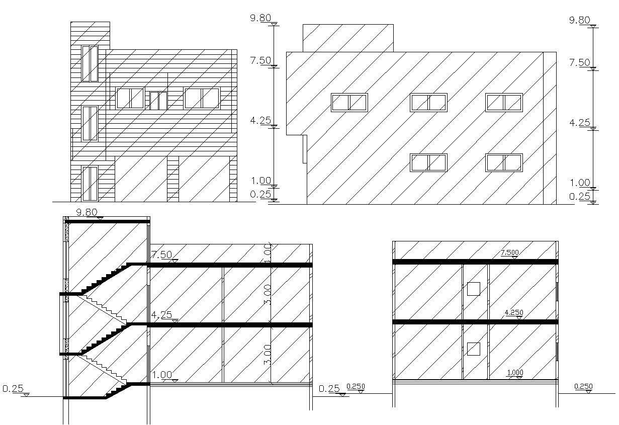 Residential Building Two Elevations And Sections Design CAD File