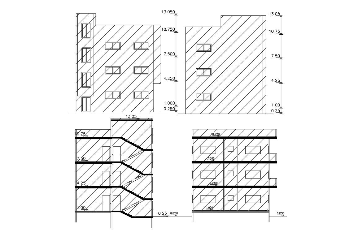 Residential apartment building elevations and sections autocad drawing