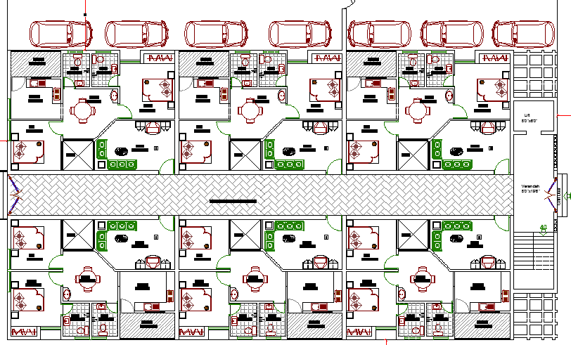 Residential apartment building house structure with car parking lot dwg file