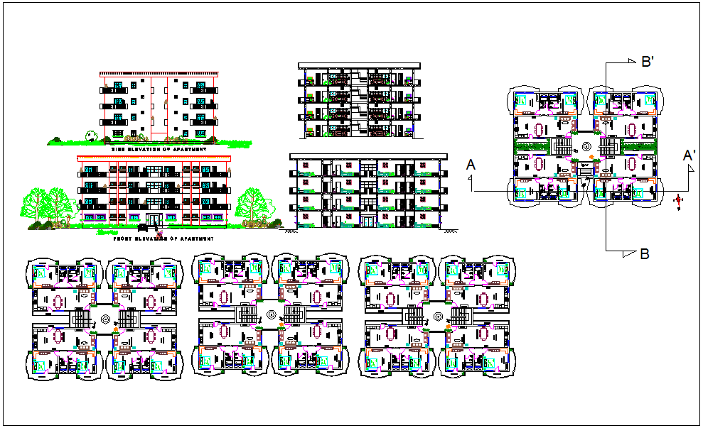 Residential apartment plan layout and elevation detail plan dwg file