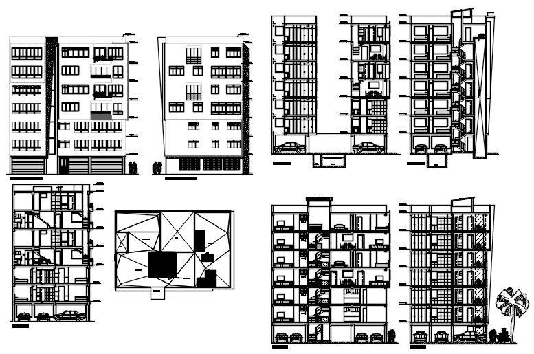 Residential apartment with elevation and section in dwg file