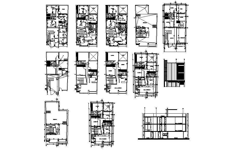 Residential apartment with elevation and section in dwg file