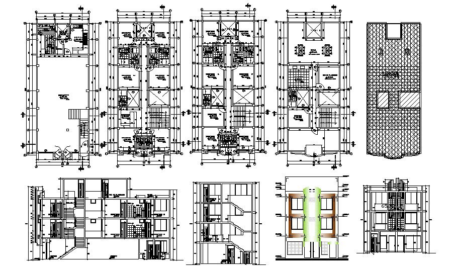 Residential apartment with elevation and section in dwg file
