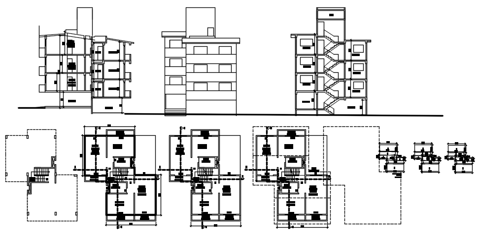 Residential apartment with elevation and section in dwg file