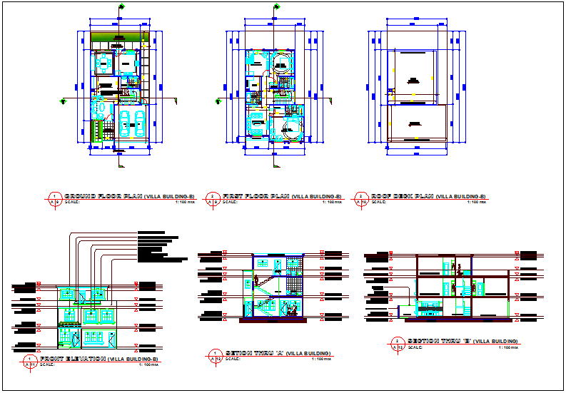 Residential building B plan,elevation and section view dwg file