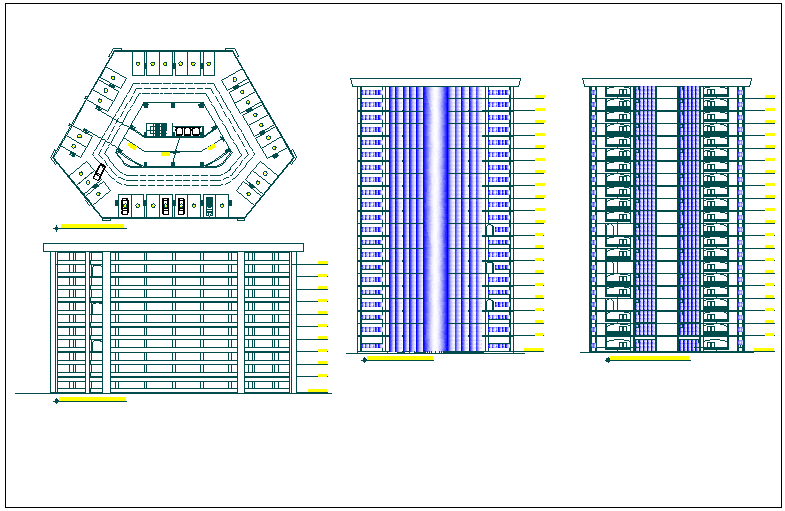 Residential building elevation and section view detail dwg file
