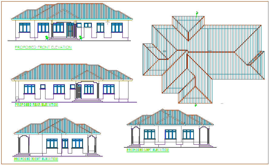 Residential building elevation with different axis for dwg file