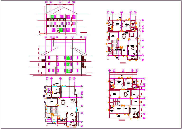 Residential building plan and elevation view of first and second floor dwg file