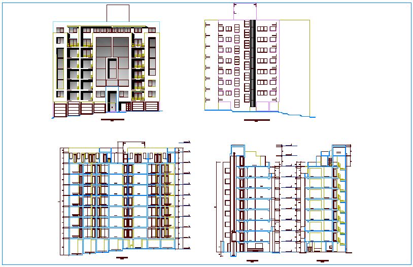 Residential building with seven level elevation and section view dwg file