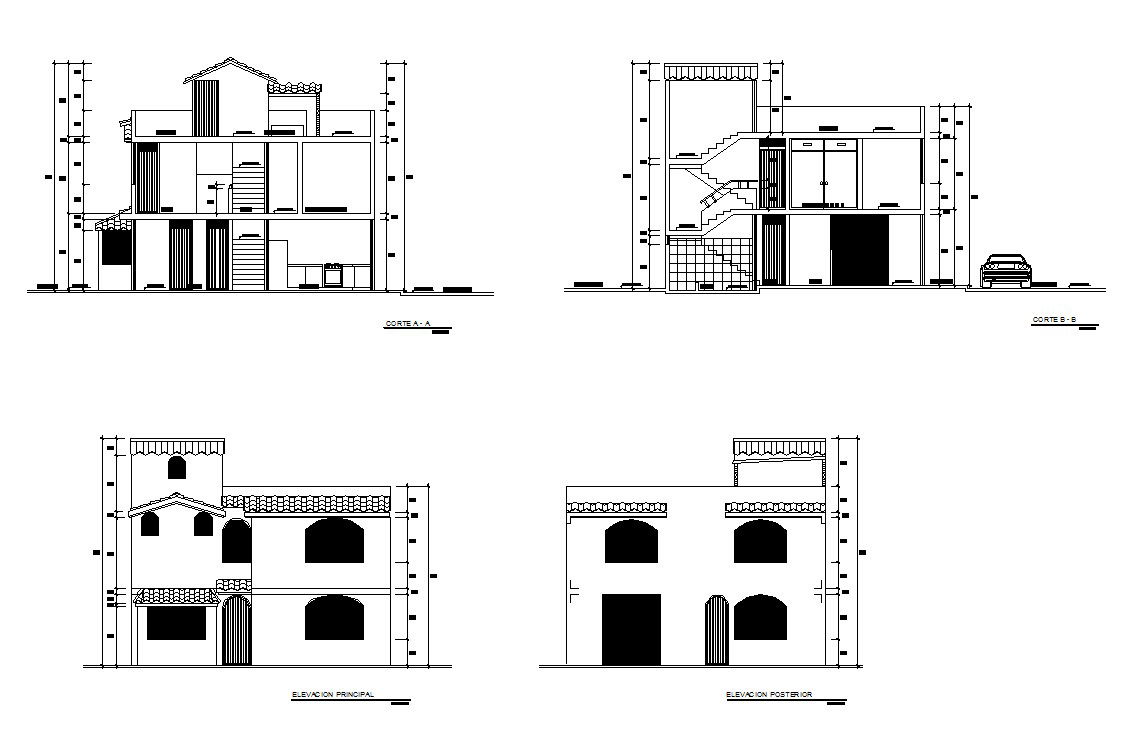 Residential bungalow elevation in autocad