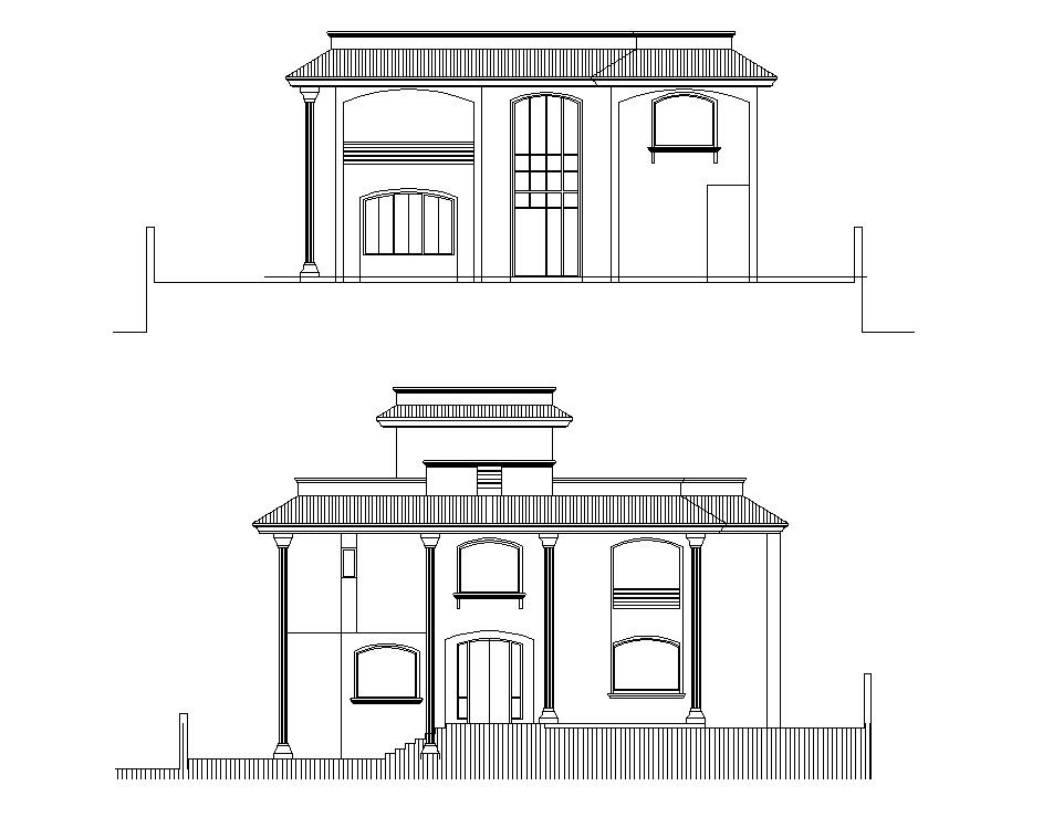 Residential bungalow elevation in dwg file