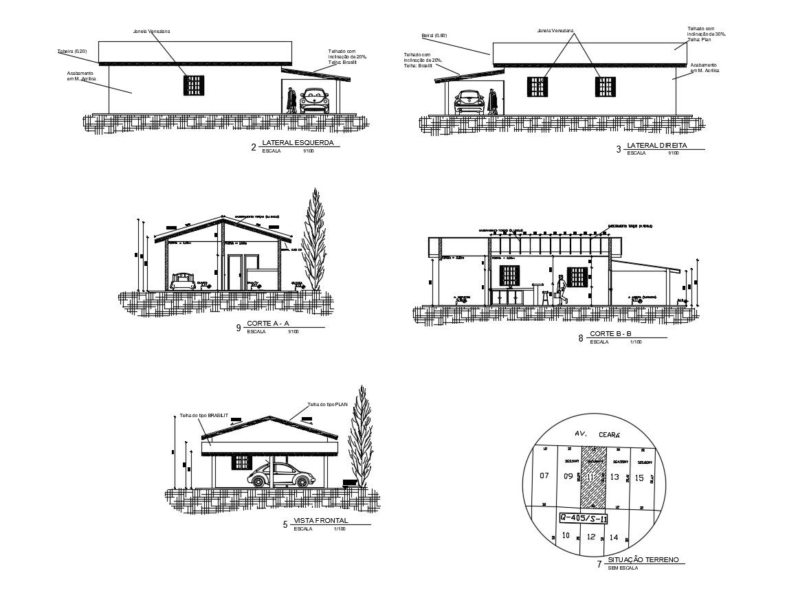Residential bungalow elevations in autocad