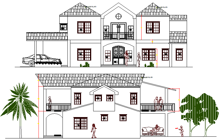 Residential bungalow front and back sectional view details dwg file