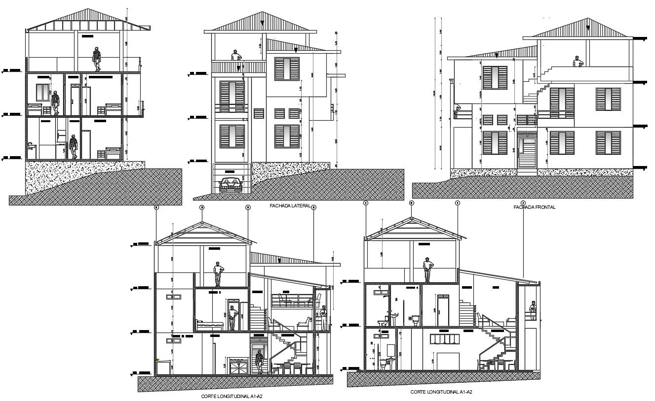 Residential bungalow with detail dimension in dwg file