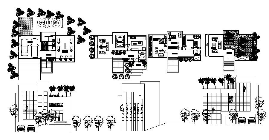 Residential bungalow with elevations in dwg file