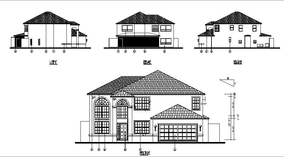 Residential house all sided sectional elevation dwg file