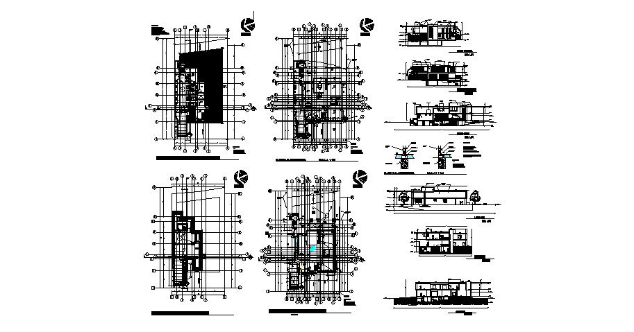 Residential house elevation, section and floor plan details dwg file