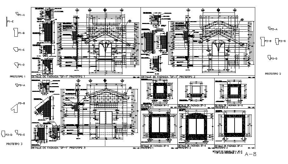 Residential house elevation and constructive sectional details dwg file