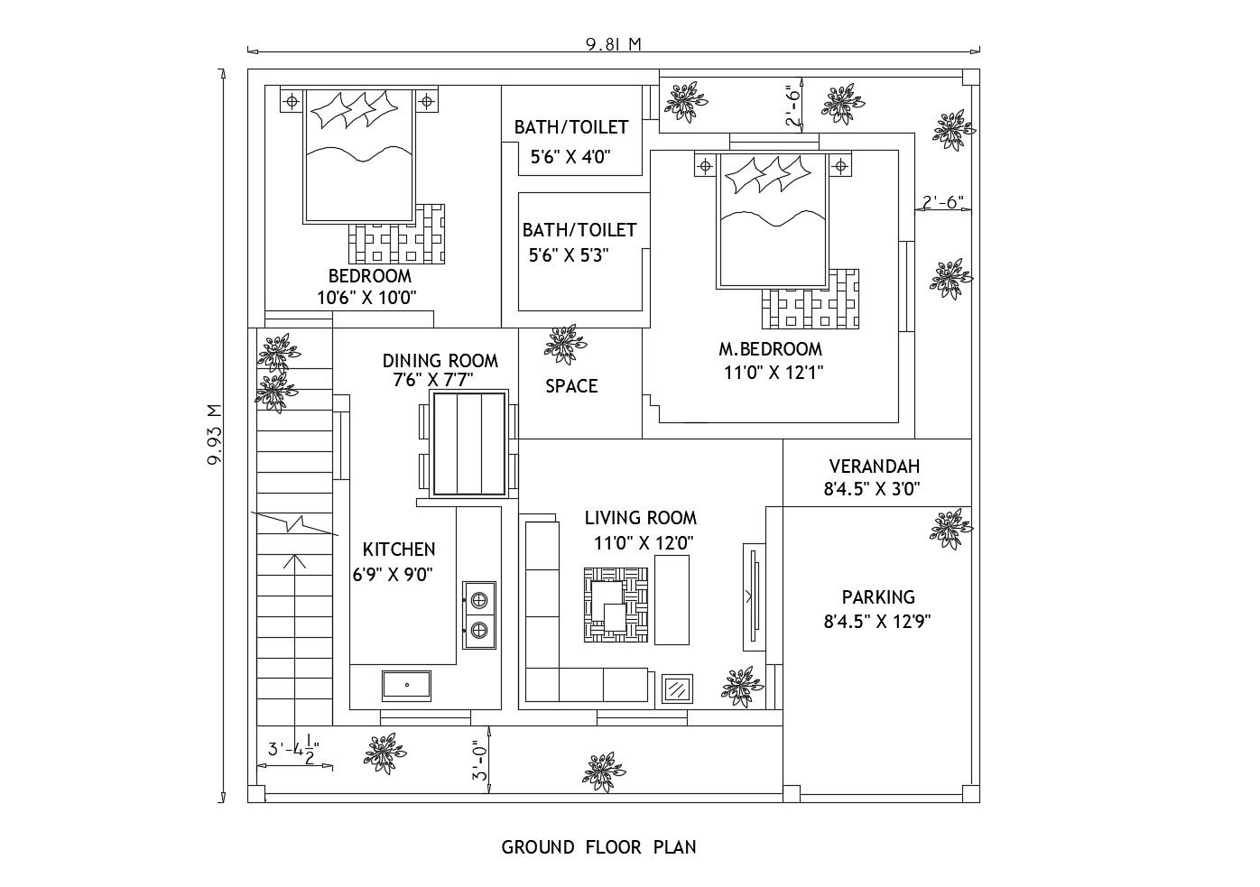 Residential house plan 9.81mtr x 9.93mtr with furniture detail in dwg file
