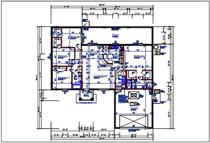 Residential house plan detail with dimension, furnisher in room dwg file