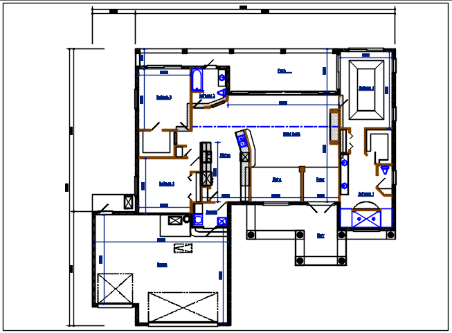 Residential house plan detail with dimension, furnisher in room dwg file