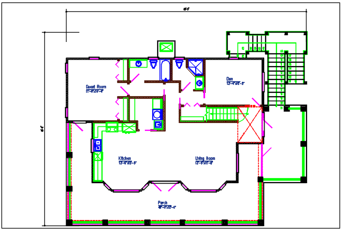 Residential house plan detail with dimension, furnisher in room dwg file