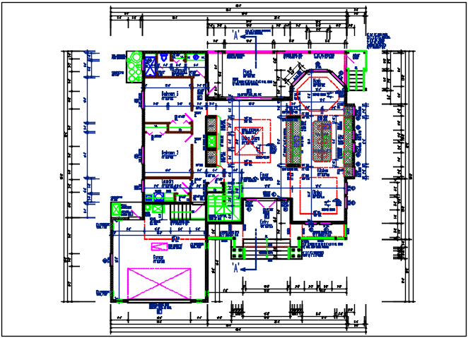Residential house plan detail with dimension, furnisher in room dwg file