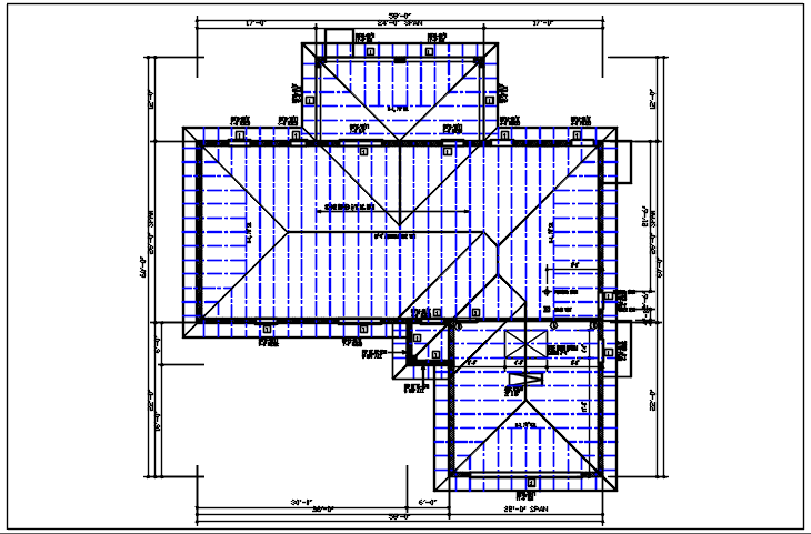 Residential house plan detail, roof projection plan view dwg file