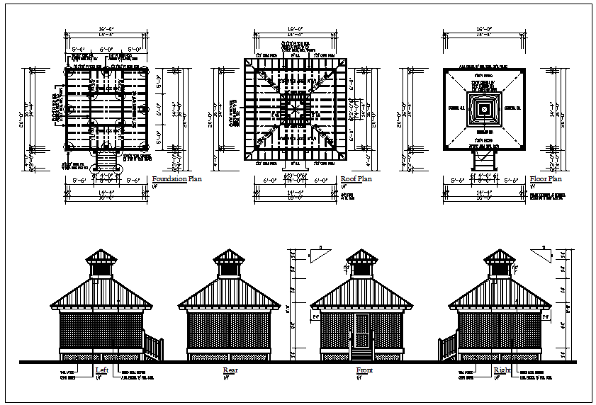 Residential house plan layout, roof plan & elevation view of house detail dwg file