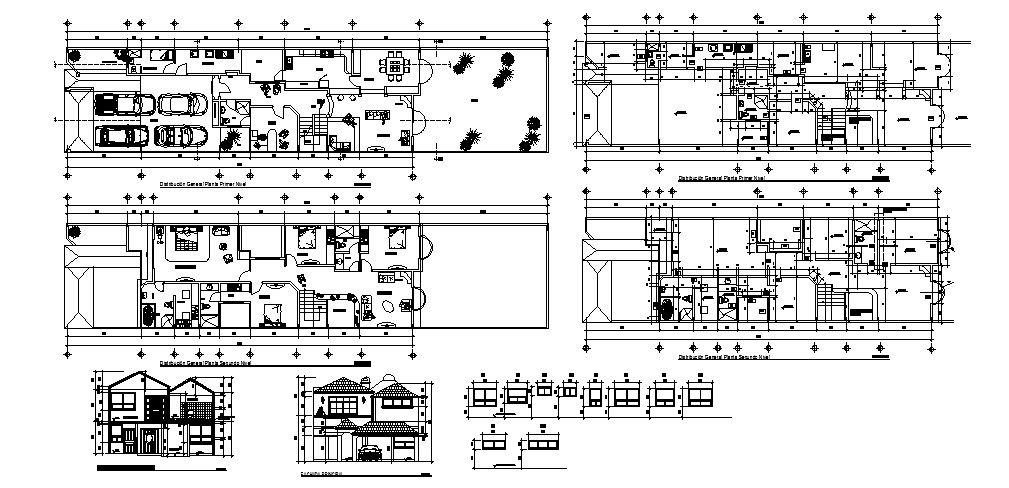 Residential house plan with elevation and section in dwg file