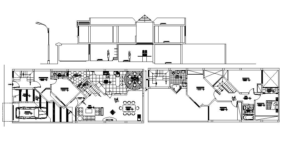 Residential house plan with elevation in dwg file