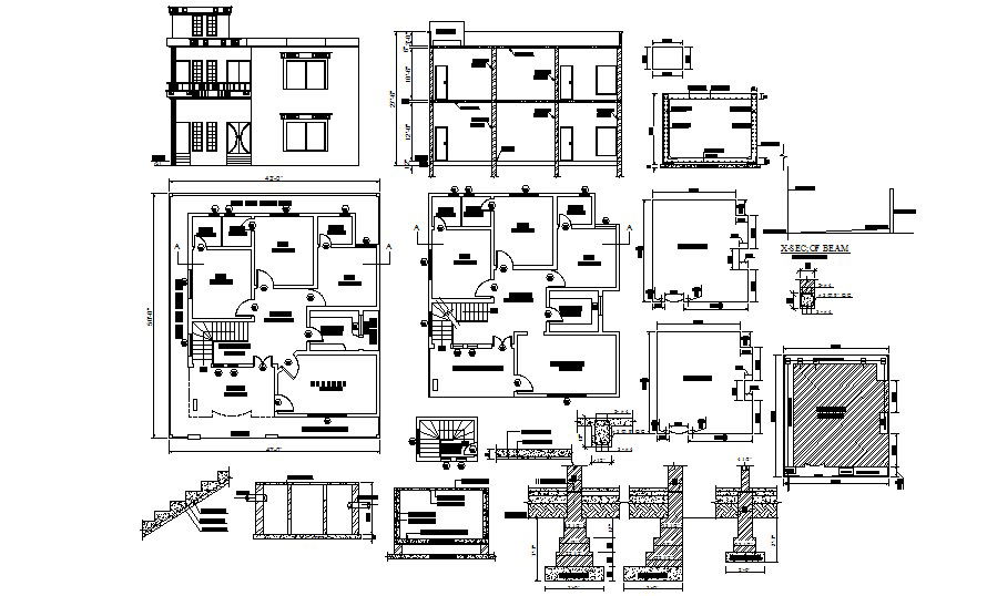 Residential house plan with section and elevation in dwg file