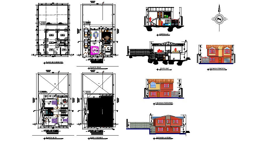 Residential house with elevation and section in dwg file
