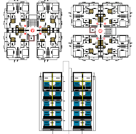 Residential housing building elevation and floor plan details dwg file