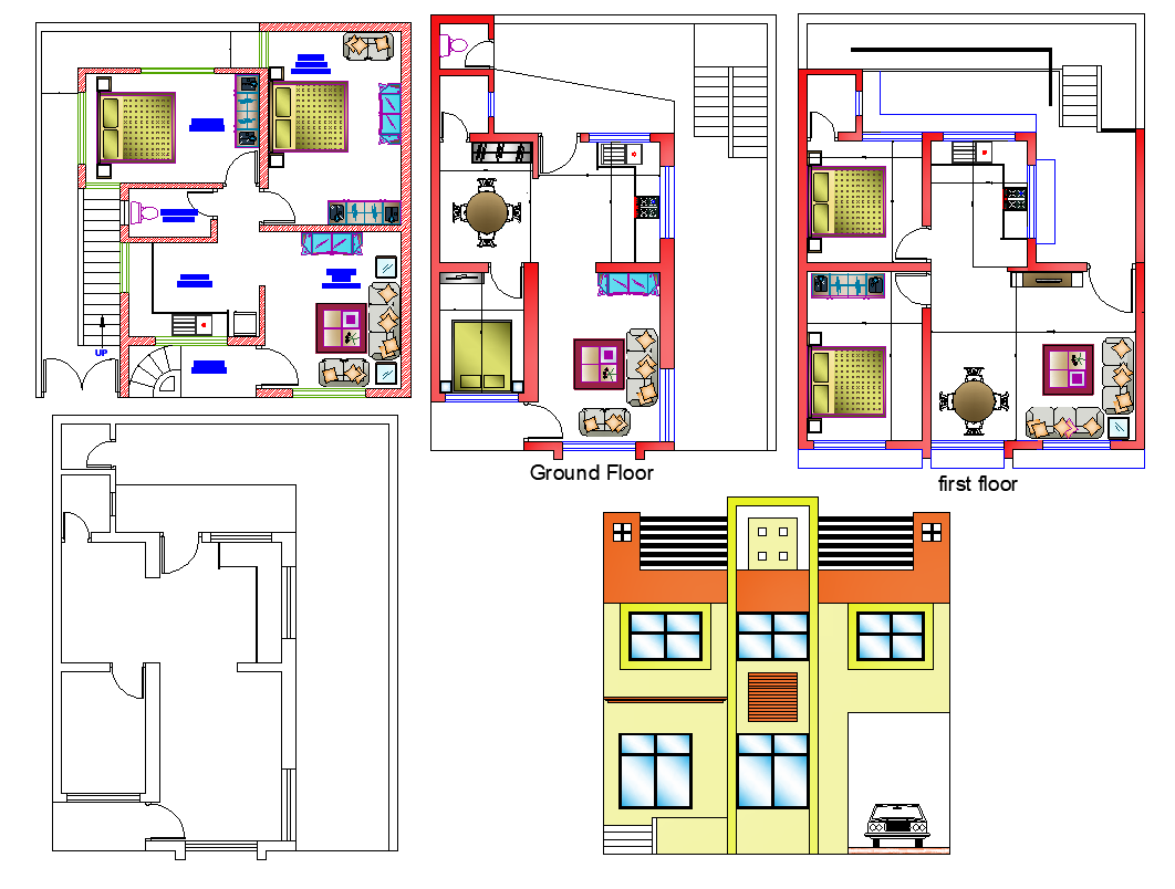 Residential housing building plan and elevation 2d view layout file