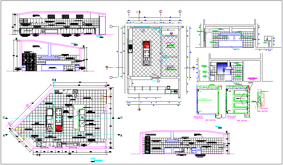 Residential housing kitchen elevation view in detail dwg file