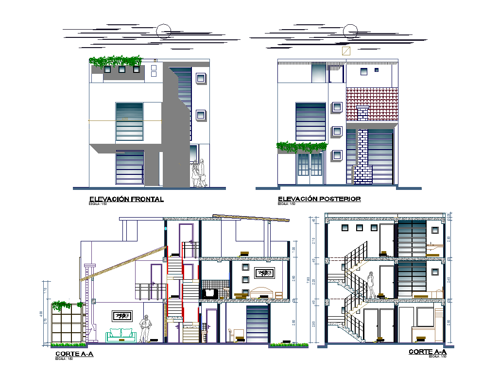 Residential housing structure detail elevation and section layout autocad file