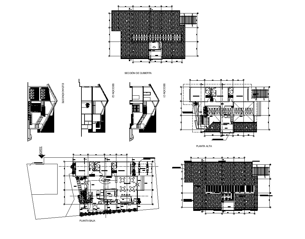 Residential housing structure elevation, plan and section layout file
