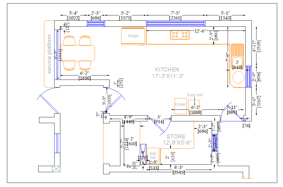 Residential kitchen plan view and design plan layout detail dwg file