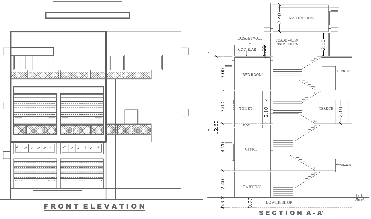 Residential Building Front Elevation and Section Plan Design AUTOCAD DWG