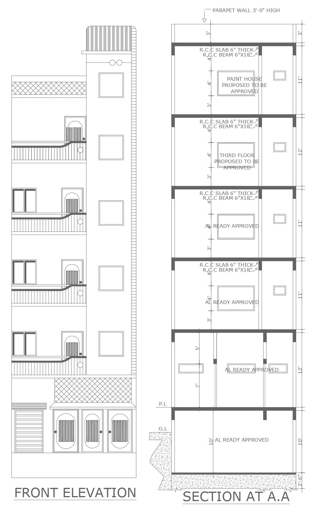 Residential Building Front Elevation and Section in DWG File