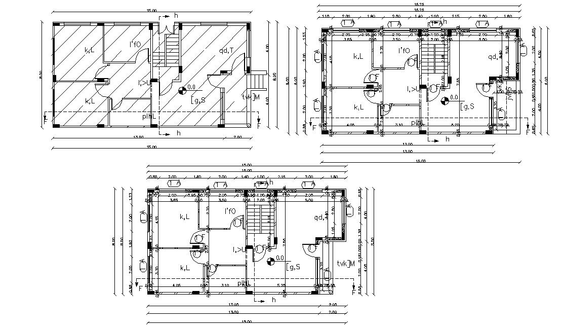Residential Building Three Floor Plans With Working Drawing